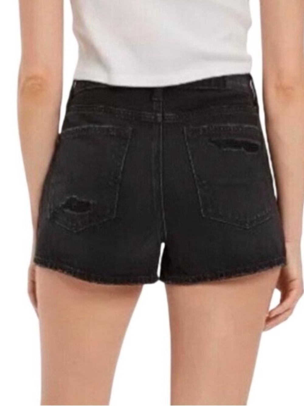 AMERICAN EAGLE Black High Rise Distressed Crossover Waist Denim Shorts Size 0 - Picture 2 of 5